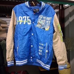 Members Only Royal Blue Rick and Morty Bomber Jacket with Beige Accents